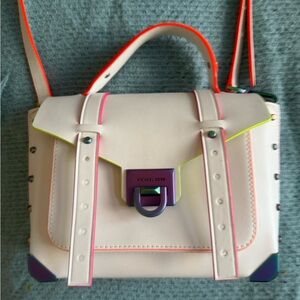 Michael Kors White Leather Crossbody Satchel with Neon Trim